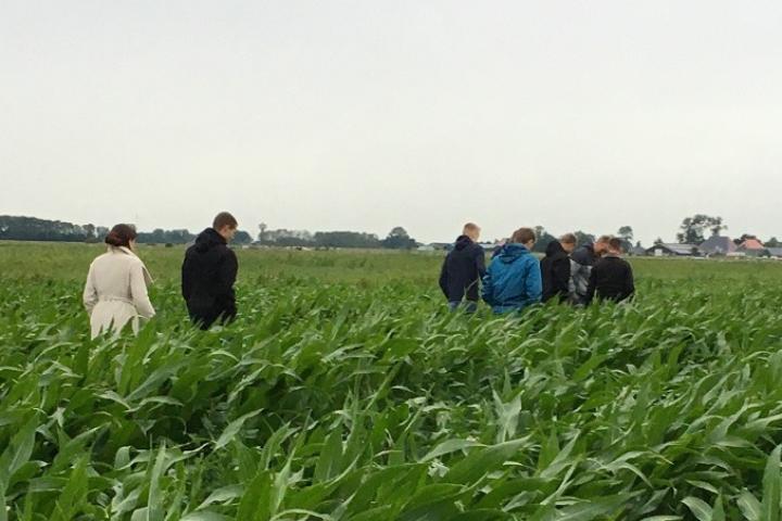 Foto van hand met kluit aarde en in de achtergrond een wegrijdende trekker op een weiland